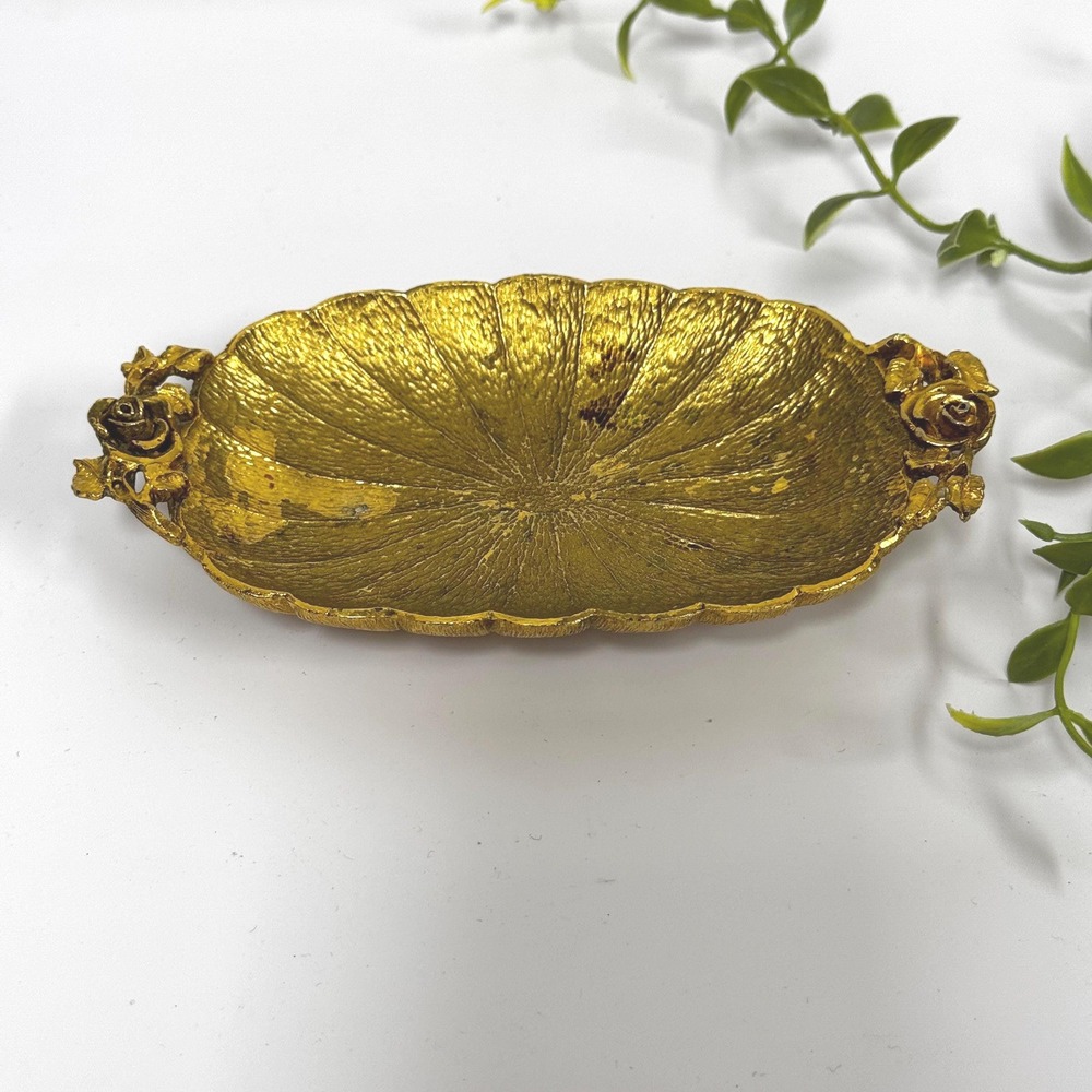 Vintage Gold toned Ormolu Soap Dish: Rose Detail, Hallway Key Tray or ring dish